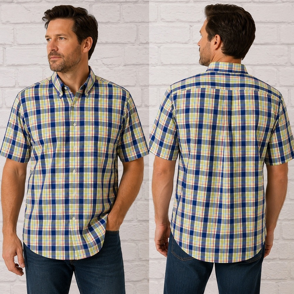 Brooks Brothers Mens XL Non-Iron Supima Cotton Short Sleeve Plaid Shirt Blue